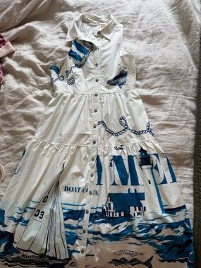 Maeve White and Blue Nautical Print Midi Dress